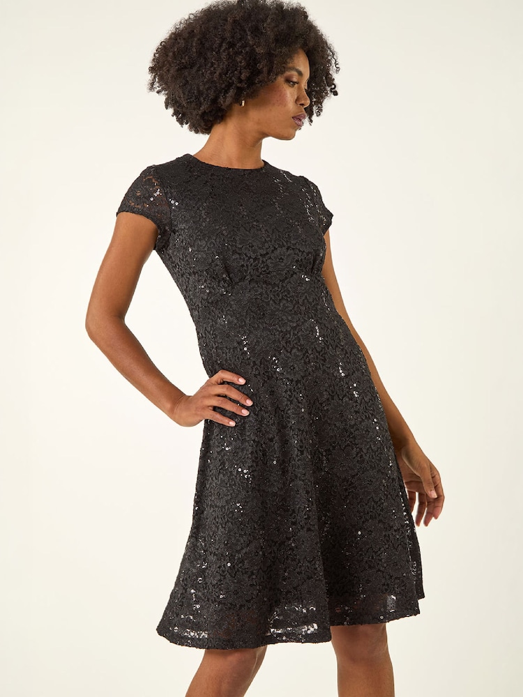 Roman Black Sequin Fluted Hem Lace Stretch Dress - Image 2 of 4 Roman Black Sequin Fluted Hem Lace Stretch Dress - Image 2 of 4