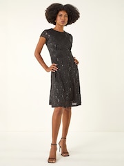 Roman Black Sequin Fluted Hem Lace Stretch Dress - Image 3 of 4