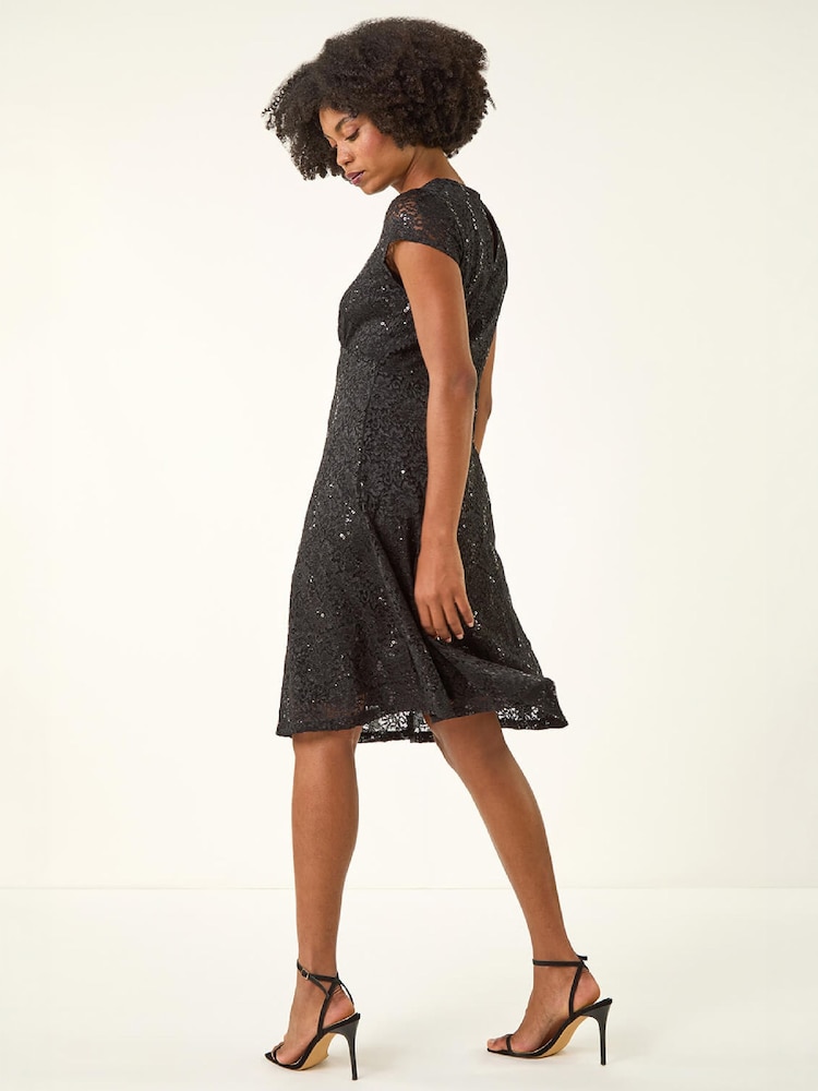 Roman Black Sequin Fluted Hem Lace Stretch Dress - Image 4 of 4 Roman Black Sequin Fluted Hem Lace Stretch Dress - Image 4 of 4