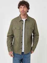 Threadbare Green Cotton Twill Shacket with Pockets - Image 1 of 5
