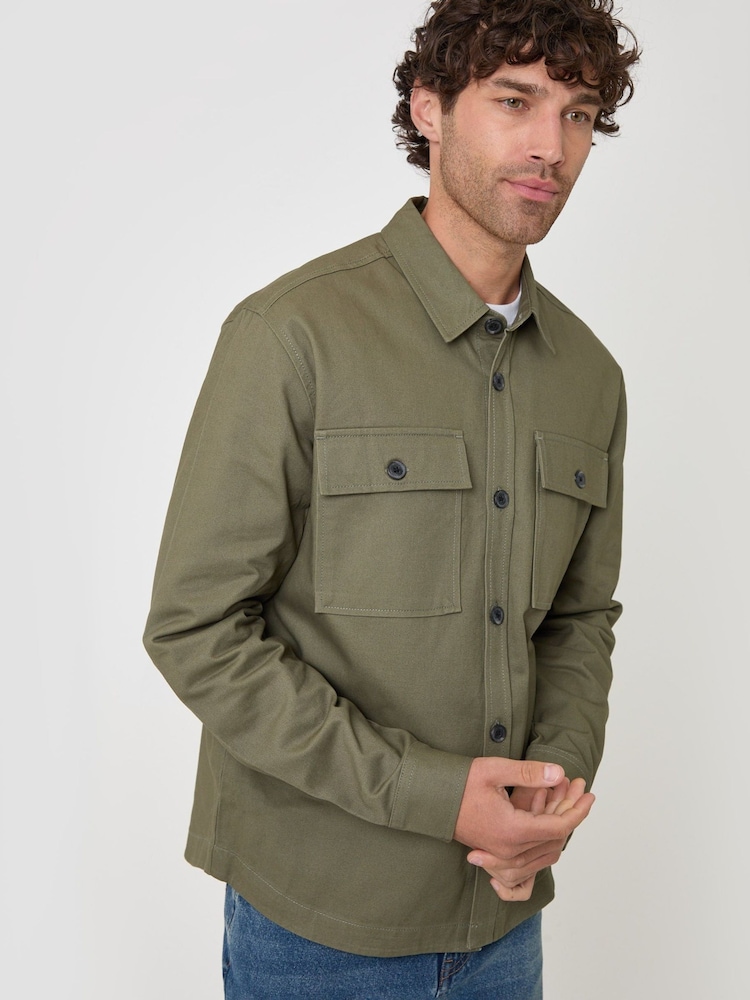 Threadbare Green Cotton Twill Shacket with Pockets - Image 2 of 5 Threadbare Green Cotton Twill Shacket with Pockets - Image 2 of 5