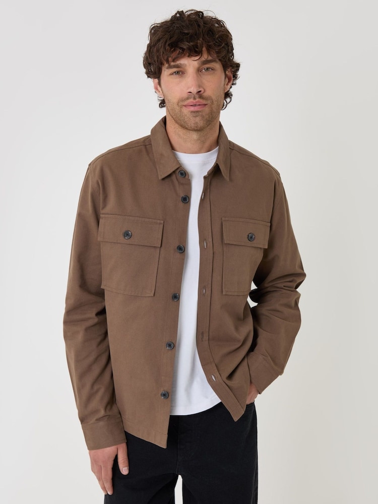 Threadbare Tan Brown Cotton Twill Shacket with Pockets - Image 1 of 5 Threadbare Tan Brown Cotton Twill Shacket with Pockets - Image 1 of 5