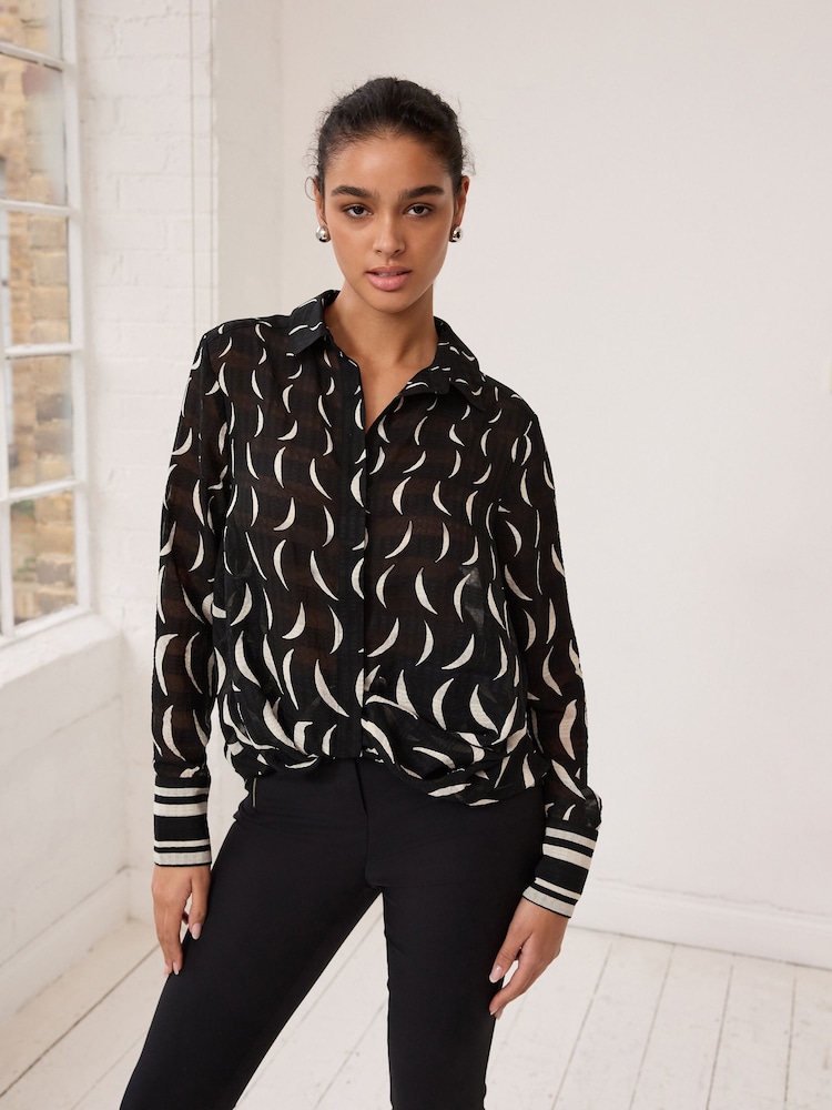 Black and White Moon Print Twist Front Long Sleeve Sheer Textured Blouse - Image 1 of 6