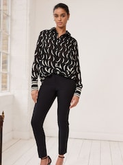 Black and White Moon Print Twist Front Long Sleeve Sheer Textured Blouse - Image 2 of 6