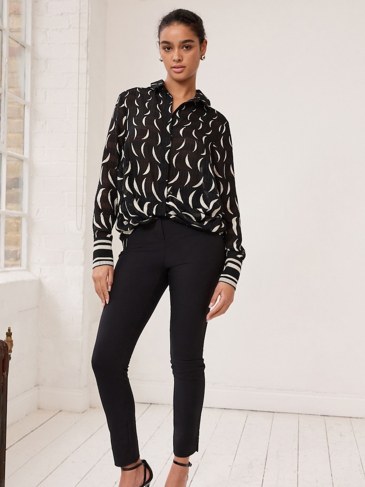 Black and White Moon Print Twist Front Long Sleeve Sheer Textured Blouse - Image 2 of 6