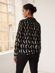 Black and White Moon Print Twist Front Long Sleeve Sheer Textured Blouse - Image 3 of 6