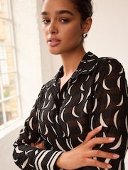 Black and White Moon Print Twist Front Long Sleeve Sheer Textured Blouse - Image 4 of 6