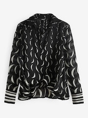 Black and White Moon Print Twist Front Long Sleeve Sheer Textured Blouse - Image 5 of 6