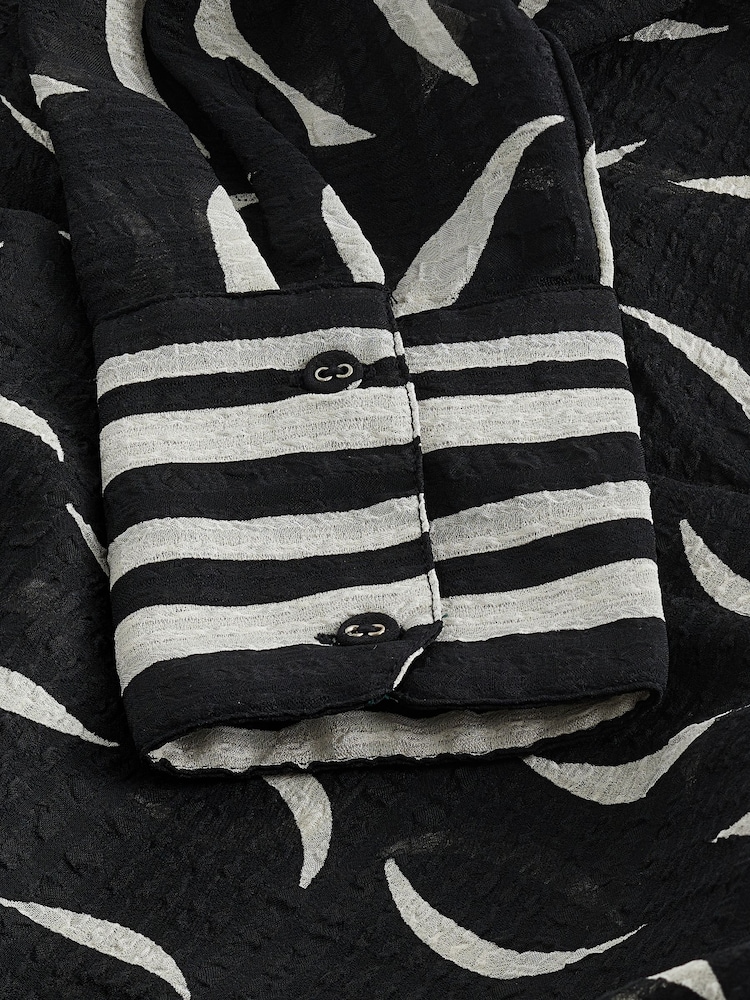Black and White Moon Print Twist Front Long Sleeve Sheer Textured Blouse - Image 6 of 6