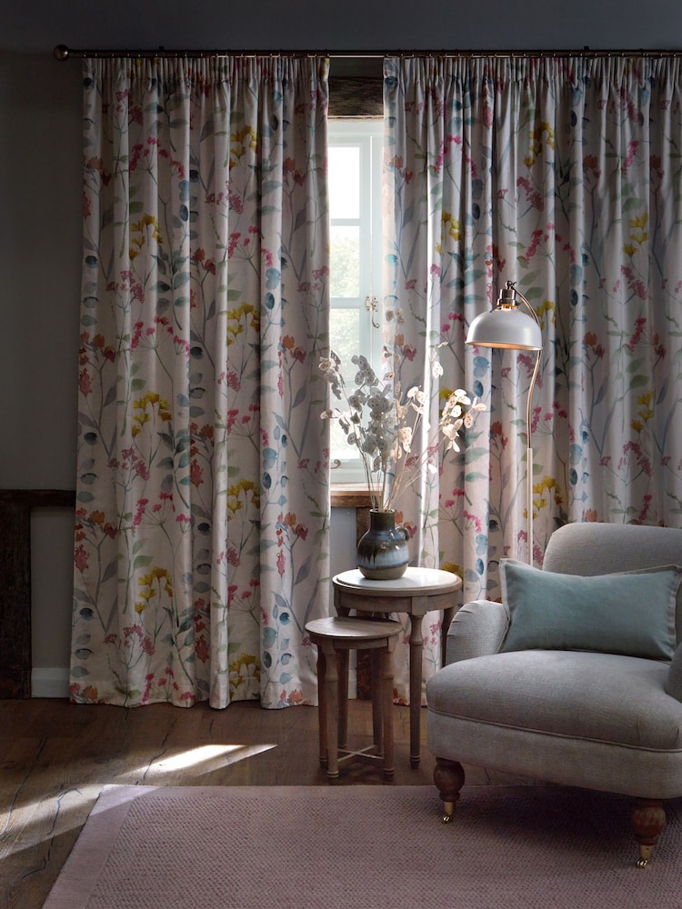 Pastel Multi Pink Isla Floral Print Pencil Pleat Blackout/Thermal 100% Cotton Curtains - Image 3 of 7