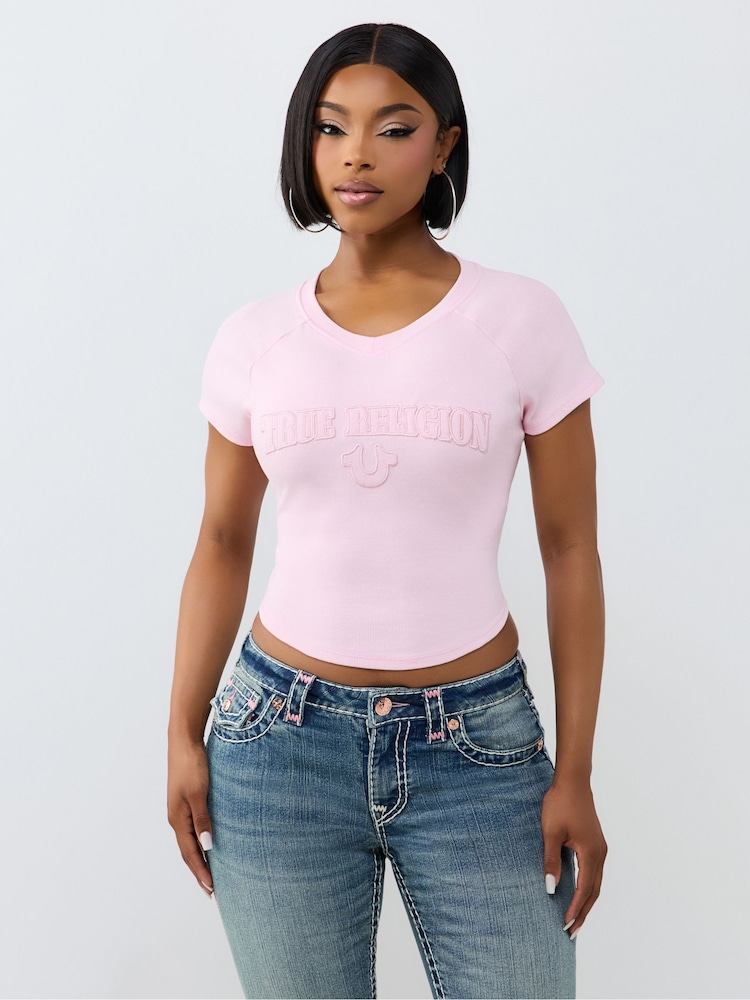 True Religion Pink Embroidered Washed Rib Baby T-Shirt - Image 1 of 4 True Religion Pink Embroidered Washed Rib Baby T-Shirt - Image 1 of 4