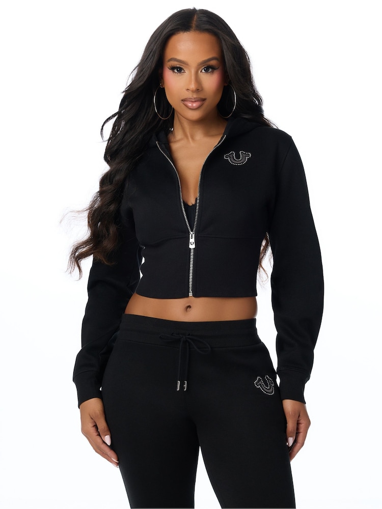 True Religion Black Studded High Waistband Zip Up Hoodie - Image 1 of 6 True Religion Black Studded High Waistband Zip Up Hoodie - Image 1 of 6