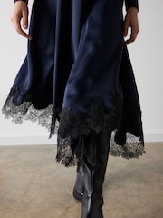 Whistles Blue Petite Satin Lace Trim Midi Dress - Image 2 of 4