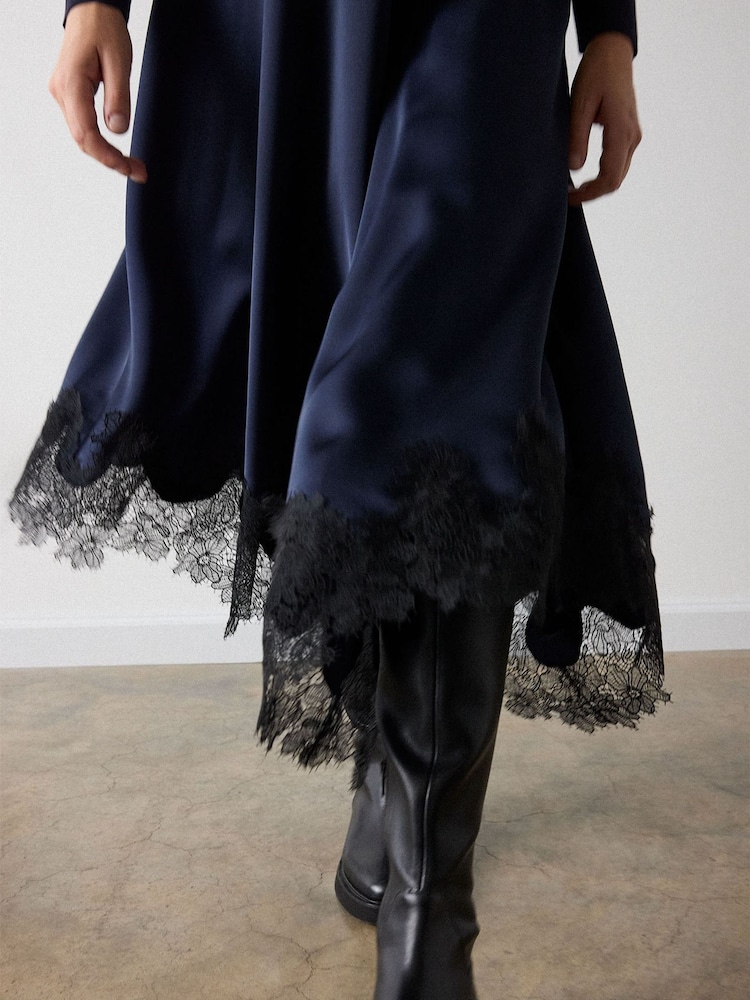 Whistles Blue Petite Satin Lace Trim Midi Dress - Image 2 of 4