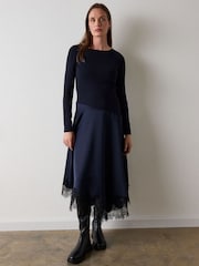 Whistles Blue Petite Satin Lace Trim Midi Dress - Image 4 of 4