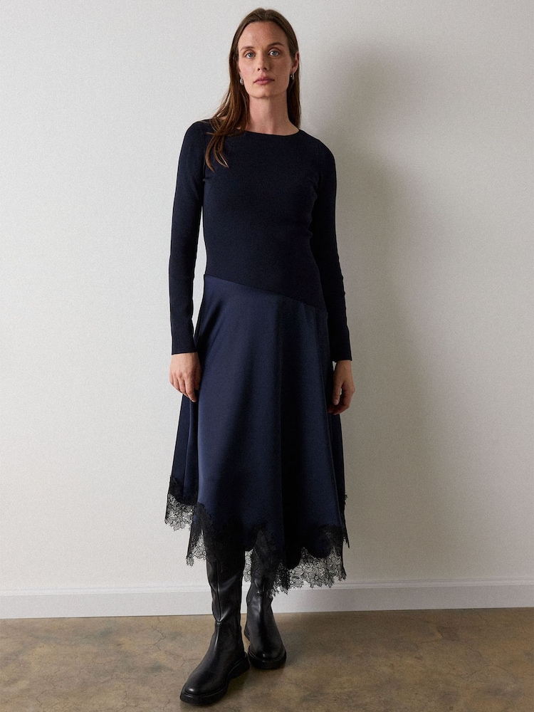 Whistles Blue Petite Satin Lace Trim Midi Dress - Image 4 of 4