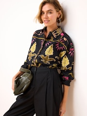 Black Floral Print Long Sleeve Collared Summer Shirt - Image 1 of 7