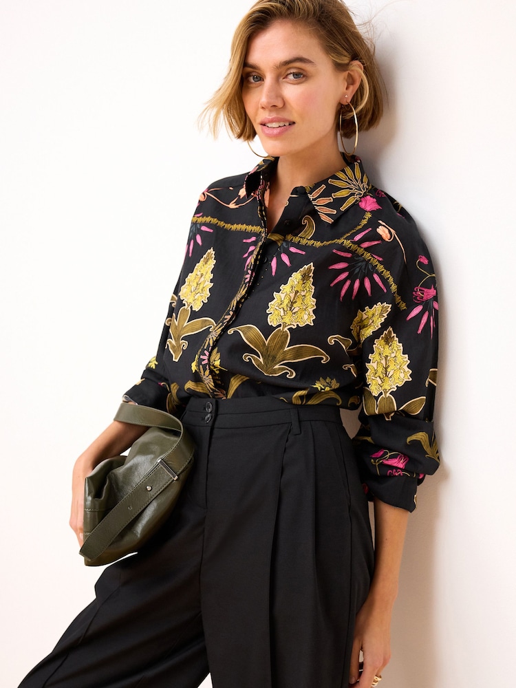 Black Floral Print Long Sleeve Collared Summer Shirt - Image 1 of 7