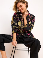 Black Floral Print Long Sleeve Collared Summer Shirt - Image 3 of 7