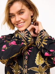Black Floral Print Long Sleeve Collared Summer Shirt - Image 5 of 7