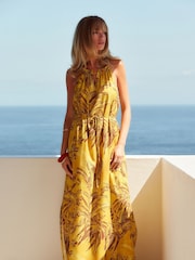 Ochre Yellow Leaf Print Strappy Maxi Summer Dress - Image 1 of 7