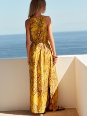 Ochre Yellow Leaf Print Strappy Maxi Summer Dress - Image 3 of 7