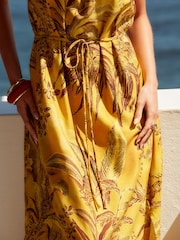 Ochre Yellow Leaf Print Strappy Maxi Summer Dress - Image 4 of 7
