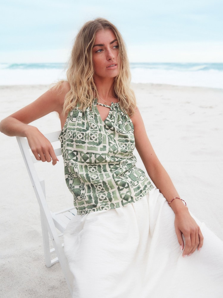 Green Tile Print Notch Neck Cami Top - Image 2 of 6