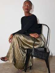 Whistles Gold Metallic Pleated Midi Skirt - Image 2 of 4
