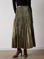 Whistles Gold Metallic Pleated Midi Skirt - Image 4 of 4