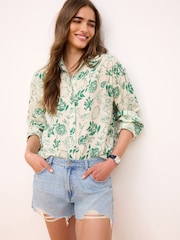 Ecru White/Green Print Long Sleeve Collared Summer Shirt - Image 1 of 6