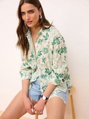 Ecru White/Green Print Long Sleeve Collared Summer Shirt - Image 2 of 6