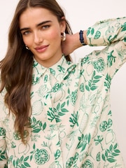 Ecru White/Green Print Long Sleeve Collared Summer Shirt - Image 3 of 6