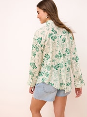 Ecru White/Green Print Long Sleeve Collared Summer Shirt - Image 4 of 6