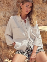 Stone Linen Blend Short Sleeve Safari Shirt - Image 1 of 6