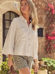 Stone Linen Blend Short Sleeve Safari Shirt - Image 2 of 6