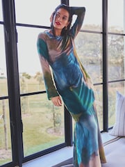 Blau/Abstrakter Digitalprint - Langärmeliges Säulen-Maxikleid - Bild 1 von 6