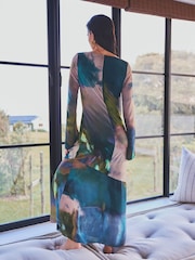 Blau/Abstrakter Digitalprint - Langärmeliges Säulen-Maxikleid - Bild 3 von 6