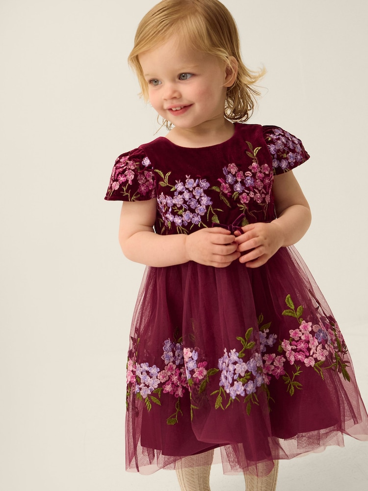 Monsoon Red Baby Ruby Floral Embroidered Velvet Party Dress - Image 1 of 3