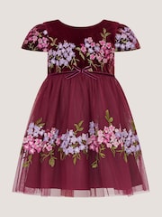Monsoon Red Baby Ruby Floral Embroidered Velvet Party Dress - Image 2 of 3