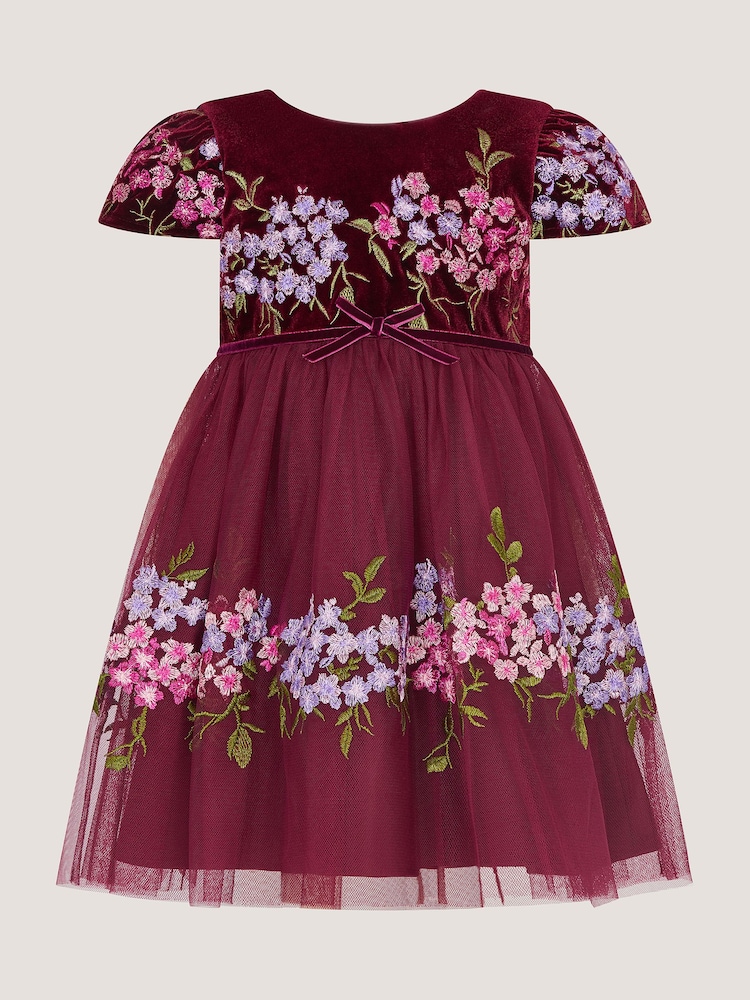 Monsoon Red Baby Ruby Floral Embroidered Velvet Party Dress - Image 2 of 3