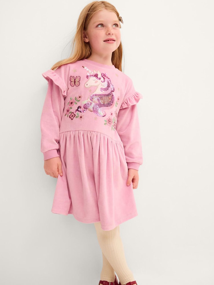 Monsoon Pink Unicorn Embellished Velour Dress - Image 1 of 4 Monsoon Pink Unicorn Embellished Velour Dress - Image 1 of 4