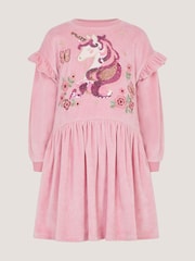 Monsoon Pink Unicorn Embellished Velour Dress - Image 2 of 4