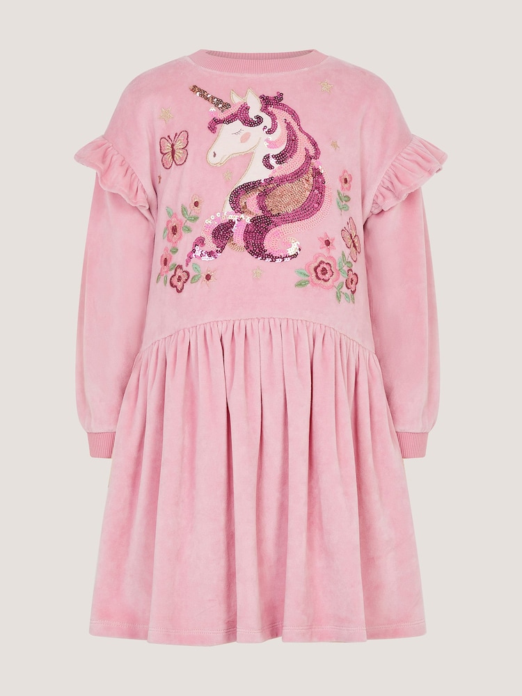 Monsoon Pink Unicorn Embellished Velour Dress - Image 2 of 4 Monsoon Pink Unicorn Embellished Velour Dress - Image 2 of 4