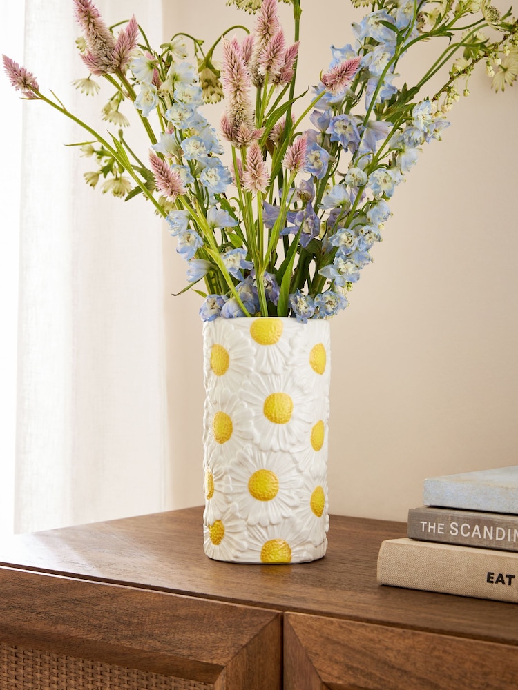 White Daisy Ceramic Cylinder Flower Vase - Image 1 of 6