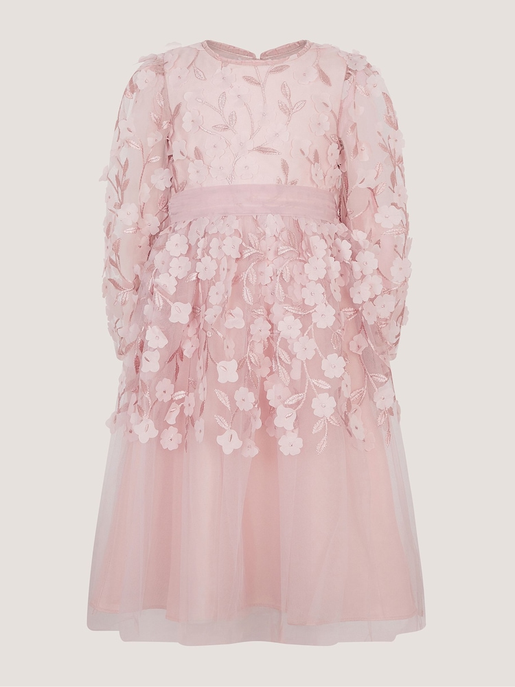 Monsoon Pink Oona Long Sleeve Floral Appliqué Party Dress - Image 2 of 4 Monsoon Pink Oona Long Sleeve Floral Appliqué Party Dress - Image 2 of 4