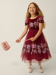 Monsoon Red Ruby Floral Embroidered Velvet Party Dress - Image 1 of 4