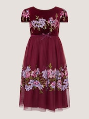 Monsoon Red Ruby Floral Embroidered Velvet Party Dress - Image 2 of 4