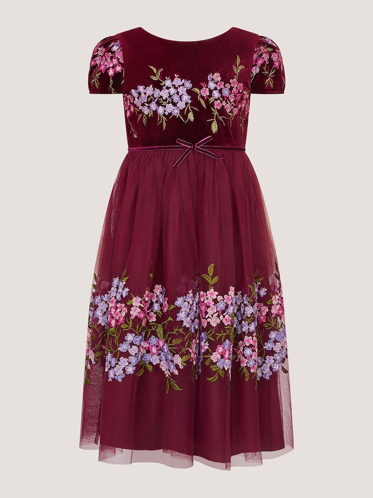 Monsoon Red Ruby Floral Embroidered Velvet Party Dress - Image 2 of 4