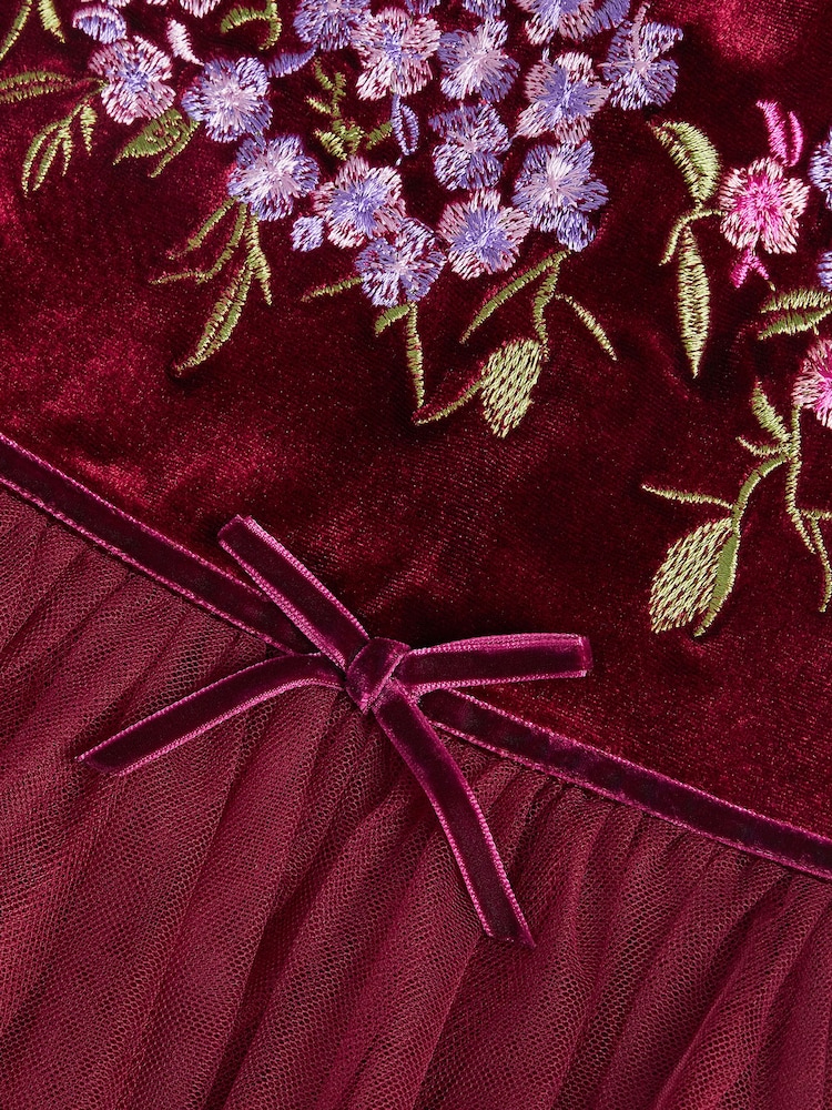 Monsoon Red Ruby Floral Embroidered Velvet Party Dress - Image 4 of 4